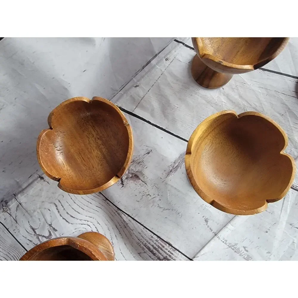 Set Of 5 Vintage Teakwood Pedestal Dessert Servers cups Boho Style Tropic Summer